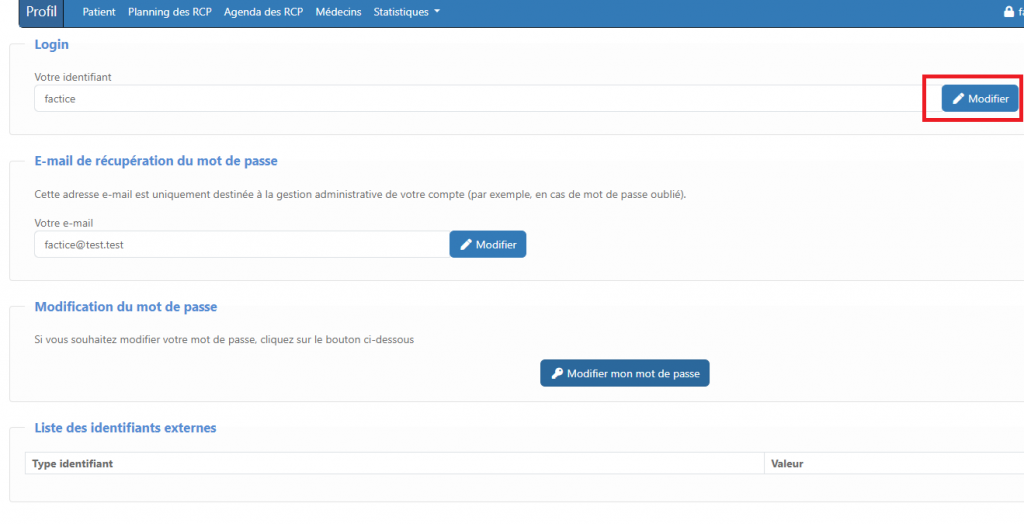 La zone encadré en rouge correspond au bouton modifier sur lequel l'utilisateur doit cliquer mettre à jour son login ou identifiant.