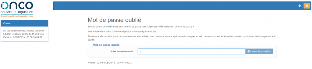 Portail de réinitialisation de mot de passe comprenant la champ de saisie de l'adresse e-mail de récupération de mot de passe.